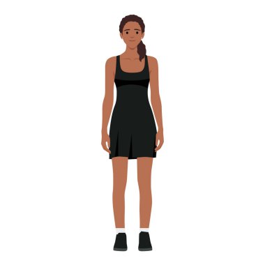 Düz pozlar, kırmızı elbiseli ve ayakkabılı genç kadın karakteri. Buluşma kıyafetleriyle izole edilmiş bir siluet kız. Düz vektör çizimi beyaz arkaplanda izole edildi