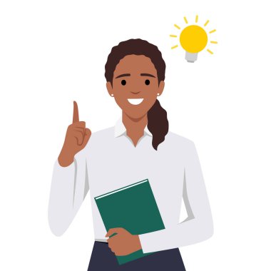 Şirin kadın not defterine bazı notlar yazıyor. Genç öğrenci kız sarı arka planda elinde kalemle düşünceli. Düz vektör çizimi beyaz arkaplanda izole edildi