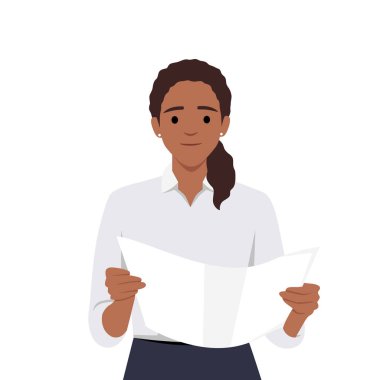 Kağıt belge okuyan ve bilgi işaretli konuşma balonu olan bir kadın. Düz vektör