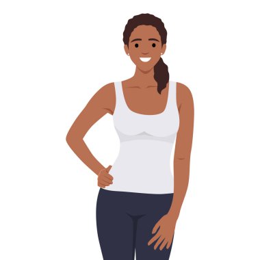 Gülümseyen mutlu kız kısa kot şort ve kırmızı atlet giyiyor. Düz vektör çizimi beyaz arkaplanda izole edildi