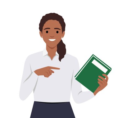 İşaret parmağıyla kitabı gösteren genç bir kadın. Bir kadın insanlardan daha iyi bir hayat için okumalarını ve çalışmalarını istiyor. Düz vektör çizimi beyaz arkaplanda izole edildi