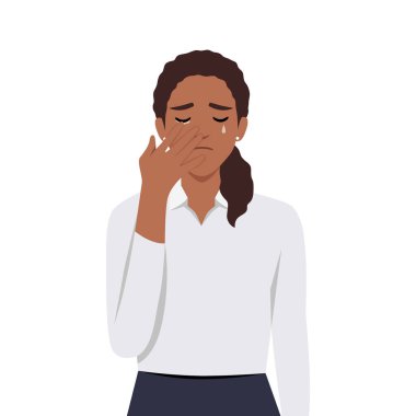 Genç kadın üzgün ve gözyaşlarını eliyle tutuyor. Düz vektör çizimi beyaz arkaplanda izole edildi