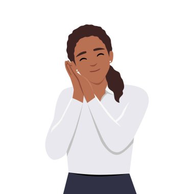 Uyuyormuş gibi yapan ve jest yapan kadınlar. Uykulu yorgun kadın. Düz vektör çizimi beyaz arkaplanda izole edildi