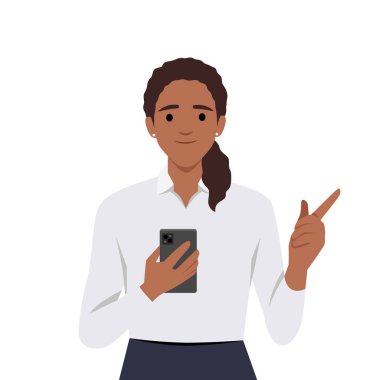 Gülümseyen genç kadın cep telefonunu ekranda tut. Elinde akıllı telefon olan mutlu kız kameraya parmağını dayayıp seçim yapıyor. Düz vektör çizimi beyaz arkaplanda izole edildi