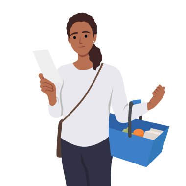 Kadın süpermarkette bir market arabası dolusu erzak taşıyor. Düz vektör çizimi beyaz arkaplanda izole edildi
