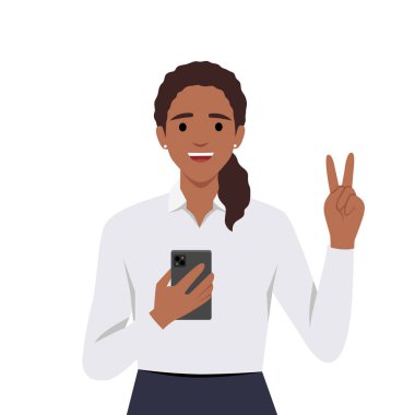 Telefonu olan genç bir kadın barış işareti gösteriyor. Düz vektör çizimi beyaz arkaplanda izole edildi