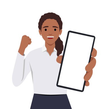 Boş ekran cep telefonunda ve el hareketlerinde bir kadın görünüyor. Düz vektör çizimi beyaz arkaplanda izole edildi