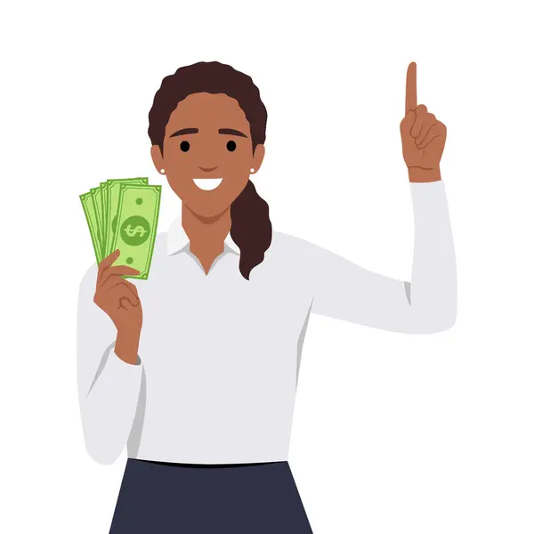 Νεαρή Γυναίκα Που Κρατάει Δείχνει Μετρητά Χρήματα Επίπεδη Διανυσματική Απεικόνιση — Διανυσματικό Αρχείο