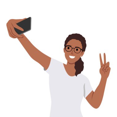 Genç bir kadın cep telefonuyla fotoğraf çekiyor. Düz vektör çizimi beyaz arkaplanda izole edildi