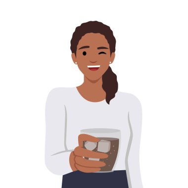 Gözlüklü güzel esmer kadın elinde bardak tutarken gülümsüyor. Kola vermek ya da ikram etmek. Düz vektör çizimi beyaz arkaplanda izole edildi