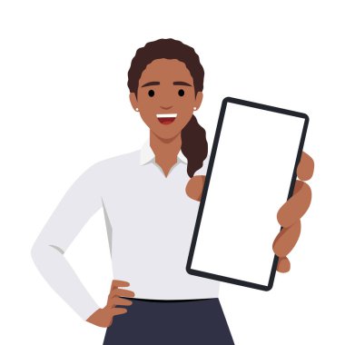 Neşeli, güzel genç bir kadın elini kaldırdı ve ayakta dururken boş ekranı gösterdi. Düz vektör çizimi beyaz arkaplanda izole edildi