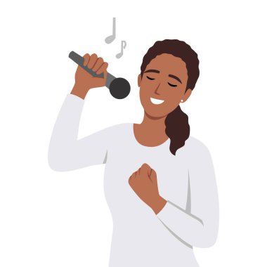 Karaoke yapan bir kadın şarkı söyler. Düz vektör çizimi beyaz arkaplanda izole edildi