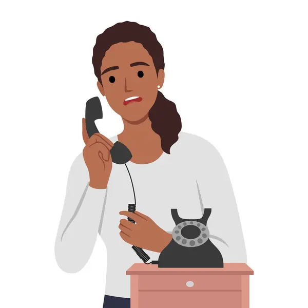 Young Woman Speak Old Corded Phone Home Flat Vector Illustration — Stock Vector