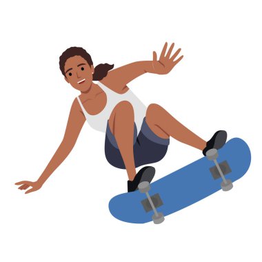 Kaykay yaparken gülümseyen genç bir kadın. Düz vektör çizimi beyaz arkaplanda izole edildi