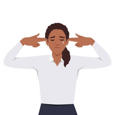 Hüsrana uğramış kadın intihar etmek için parmaklarını şakağına dayar. Depresyondaki genç kız kendini vurmak istiyor. Düz vektör çizimi beyaz arkaplanda izole edildi