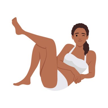 Mayolu mutlu kadın sahilde oturur yaz tatilinin tadını çıkarır. Düz vektör çizimi beyaz arkaplanda izole edildi