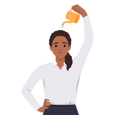 Kafasında çiçekleri sulayan mutlu genç bir kadın. Düz vektör çizimi beyaz arkaplanda izole edildi