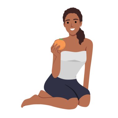 Elinde portakal tutan güzel bir kadın. Düz vektör çizimi beyaz arkaplanda izole edildi