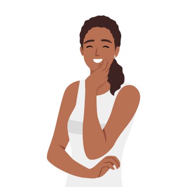 Gülümseyen genç kadının portresi kameraya bak iyimser ve neşeli hisset. Düz vektör çizimi beyaz arkaplanda izole edildi