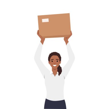 Elinde paket kutusu olan bir kadın kurye olarak çalışıyor, teslimat servisi. Kahverengi paket, ulaşım fikri. Düz vektör çizimi beyaz arkaplanda izole edildi