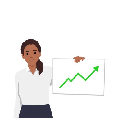 Başarılı bir iş. Finansal krizden çok uzakta. Büyüyen grafiğin yanındaki kız. Düz vektör çizimi beyaz arkaplanda izole edildi