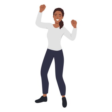 Neşeli genç ve güzel bir kadın zıplıyor. Düz vektör çizimi beyaz arkaplanda izole edildi