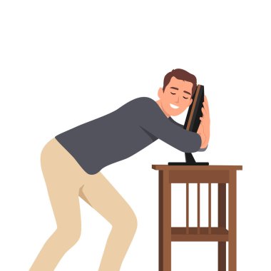 Genç mutlu adam bilgisayara sarılıyor. Düz vektör çizimi beyaz arkaplanda izole edildi