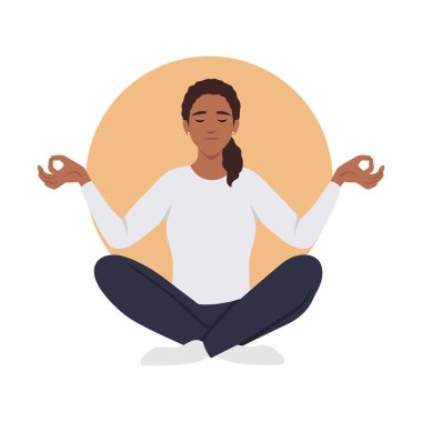Farkındalık meditasyonu yapan bir kadın. Düz vektör çizimi beyaz arkaplanda izole edildi