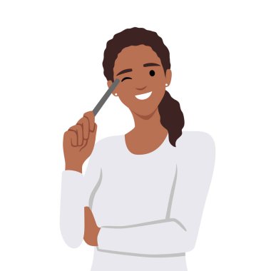 Düşünceli genç bir kadın karar vermeyi ya da hayal kurmayı düşünüyor. Fikir arıyorum. Düz vektör çizimi beyaz arkaplanda izole edildi