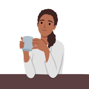 Bir fincan kahveden zevk alan bir kadın. Düz vektör çizimi beyaz arkaplanda izole edildi