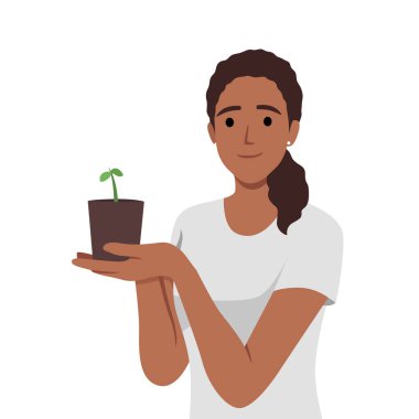 Kadın, ekoloji, kirlilik ya da CO2 salınımına dikkat çeken bir avuç bitki tutuyor. Düz vektör çizimi beyaz arkaplanda izole edildi