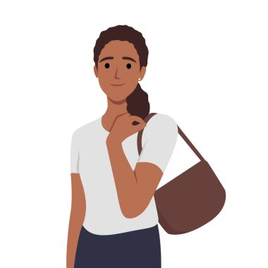 Güzel, genç ve mutlu bir kadının çantalı, sıradan bir gömlekle resmedilmesi. Bir manken. Düz vektör çizimi beyaz arkaplanda izole edildi