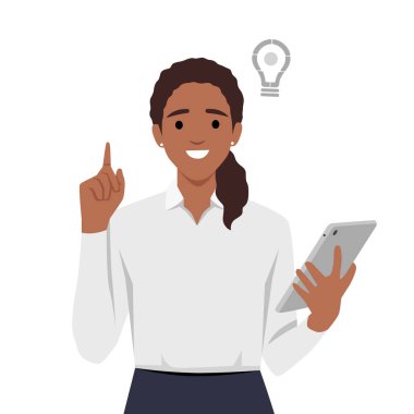 İş kadını, tabletindeki verileri analiz ediyor ve işaret parmağını kaldırıyor. Düz vektör çizimi beyaz arkaplanda izole edildi