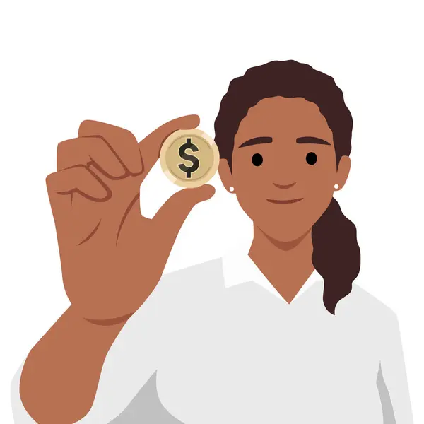 Kobieta Trzymająca Rękach Monetę Dolara Płaska Ilustracja Wektor Izolowane Białym — Wektor stockowy