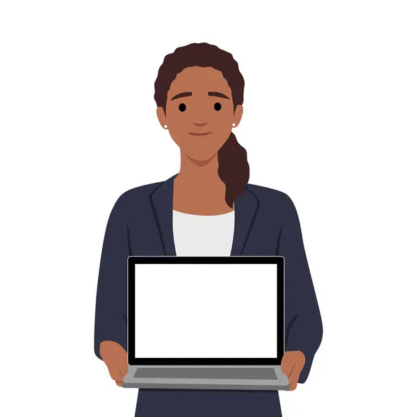 Kadını Boş Dizüstü Bilgisayar Gösteriyor Düz Vektör Çizimi Beyaz Arkaplanda — Stok Vektör