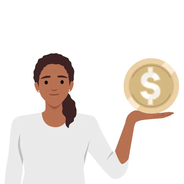 ドルコイン デジタル資産への投資を持っている美しい女性 白い背景に隔離された平らなベクトル図 — ストックベクタ