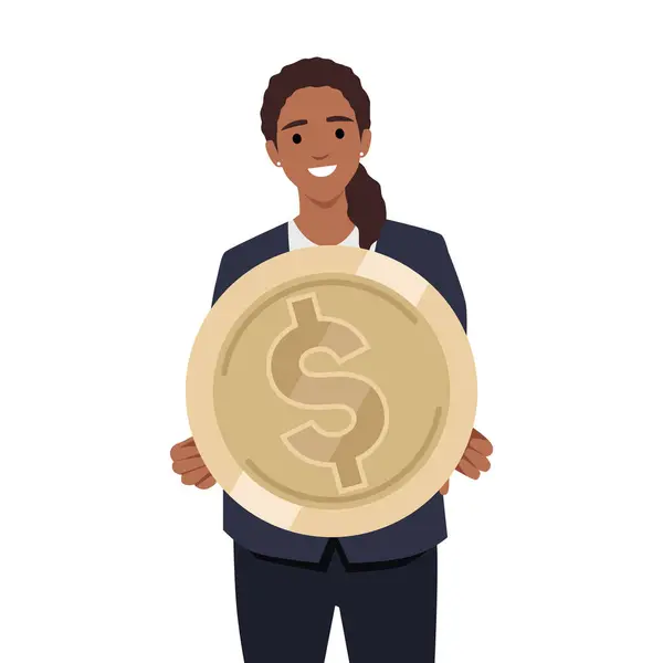 Mujer Joven Sosteniendo Moneda Dólar Oro Ilustración Vectorial Plana Aislada — Vector de stock