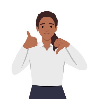 Genç siyahi bir kadının baş parmağını kaldırması ve baş parmağını kaldırması zor bir seçim. Düz vektör çizimi beyaz arkaplanda izole edildi