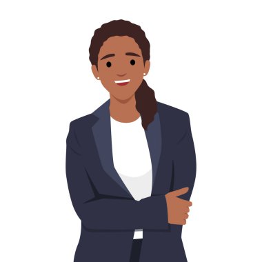 İş kadını portresi. Gülümseyen iş kadını elini katlamış, siyah takım elbise giymiş. Düz vektör çizimi beyaz arkaplanda izole edildi