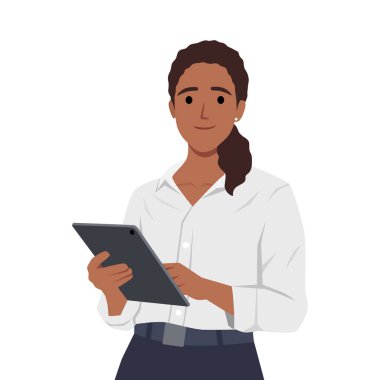 Genç bir kadın elini uzattı ve smth 'i gösterdi. Gülen sekreter ya da iş kadını açıklama ve sunum yapıyor. Düz vektör çizimi beyaz arkaplanda izole edildi