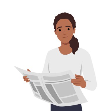 Gazete okuyan bir kadın. Düz vektör çizimi beyaz arkaplanda izole edildi