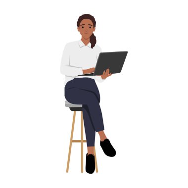 Mutlu kadın gülümsemesi. Dizüstü bilgisayarını sandalyede otururken. Düz vektör çizimi beyaz arkaplanda izole edildi