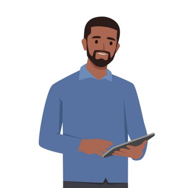 Elinde tablet bilgisayar tutan genç bir adam. Düz vektör çizimi beyaz arkaplanda izole edildi