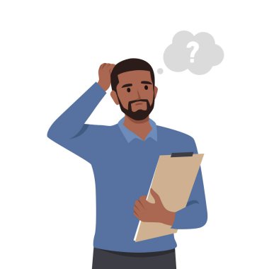 Genç adam, kavram karakterinin üstünde soru işaretleriyle şüphe duyuyor. Düz vektör çizimi beyaz arkaplanda izole edildi