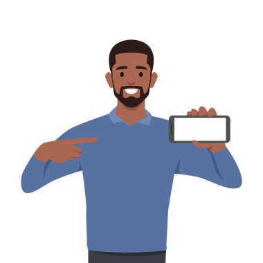 Genç siyahi adam akıllı telefon kavramını işaret ediyor. Düz vektör çizimi beyaz arkaplanda izole edildi