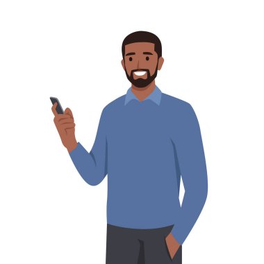 Genç adam akıllı bir telefon tutuyor. Kişi ve alet. Şebekede iletişim. Düz vektör çizimi beyaz arkaplanda izole edildi