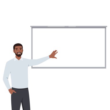 Okul tahtasındaki materyalleri açıklayan genç adam. Üniversitede eğitim süreci. Düz vektör çizimi beyaz arkaplanda izole edildi