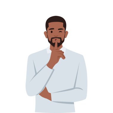 Delikanlı Şşş yapıyor! Jest daha sessizdir. Adam sessizlik istiyor. Düz vektör çizimi beyaz arkaplanda izole edildi