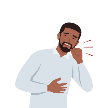 Hasta adam kuru öksürüyor. Astım, alerji ya da soğuk algınlığı olan bir adam. Hastasın. Düz vektör çizimi beyaz arkaplanda izole edildi