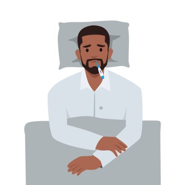 Genç adam ateşler içinde yatıyordu. Hasta adam ağzında termometreyle ısıyı ölçüyor. Düz vektör çizimi beyaz arkaplanda izole edildi